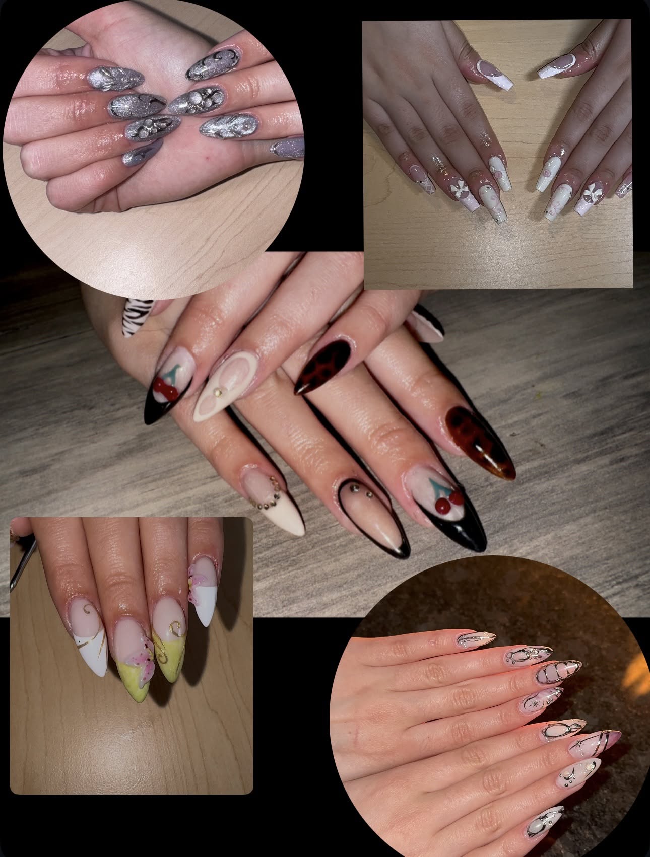 A collage of six finished sets: silver chrome with 3D detail, white and pink coffin nails with flowers, black and cherry almond nails, pastel stiletto nails with gold swirls, and a nude set with gold line work.